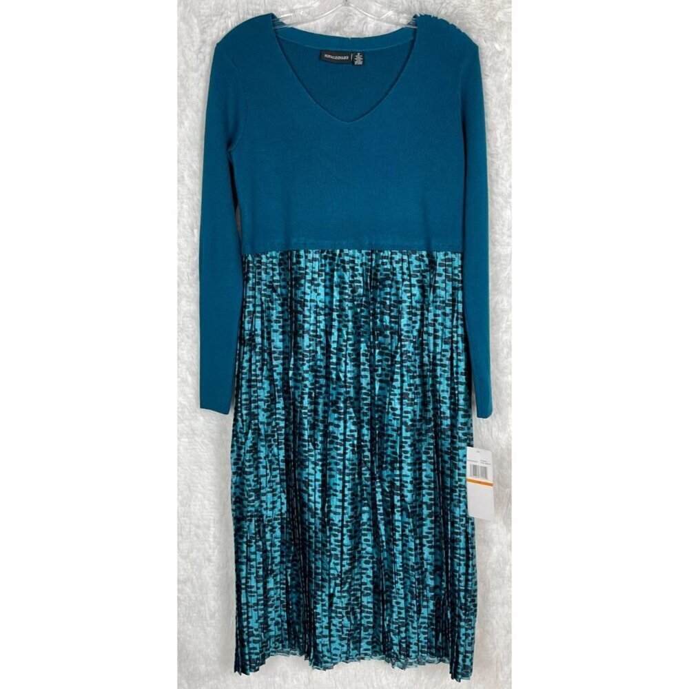 NWT Nina Leonard SP Dress Teal Knit Top Black Dots Bottom